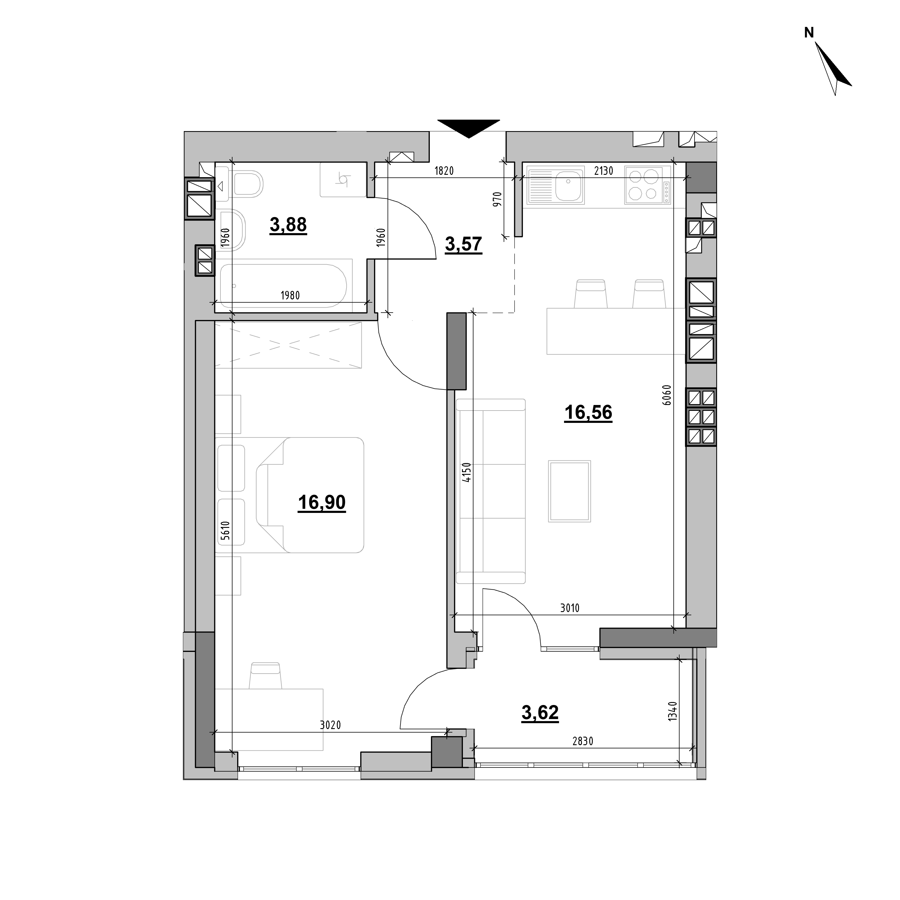 ЖК Evening: планування 1-кімнатної квартири, №15, 44.53 м<sup>2</sup>