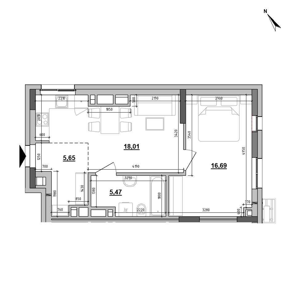 ЖК BigBen: планування 1-кімнатного помешкання, №701, 45.82 м<sup>2</sup>
