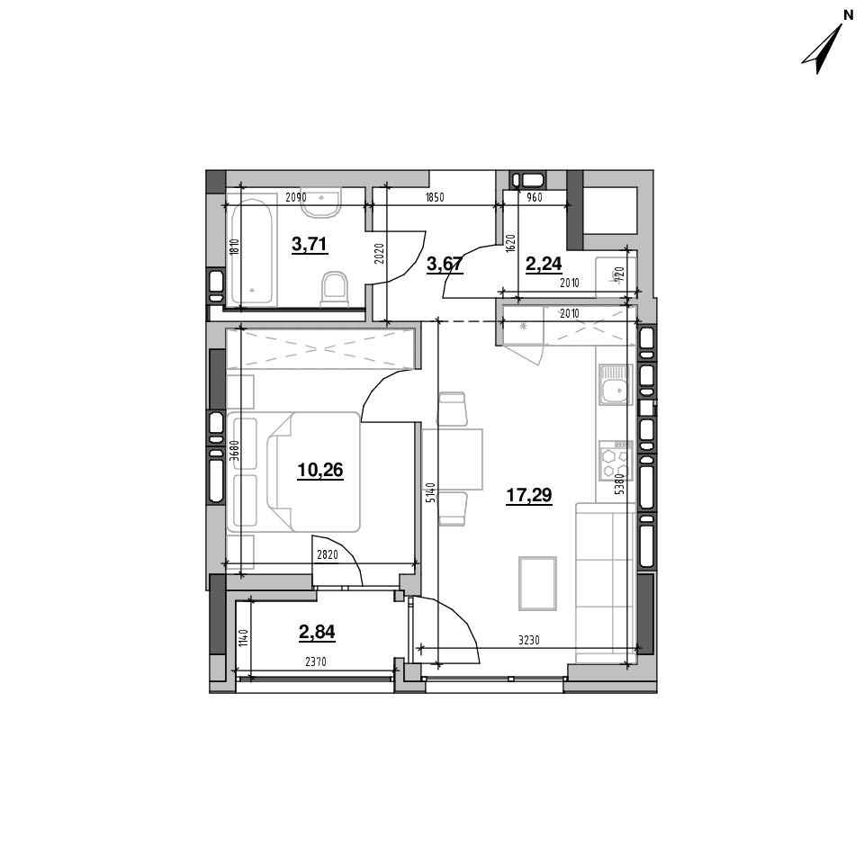 ЖК Шенген: планування 1-кімнатної квартири, №38, 41.1 м<sup>2</sup>