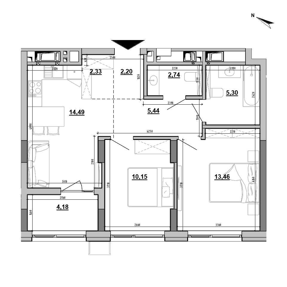 ЖК Brother: планування 2-кімнатної квартири, №217, 60.29 м<sup>2</sup>