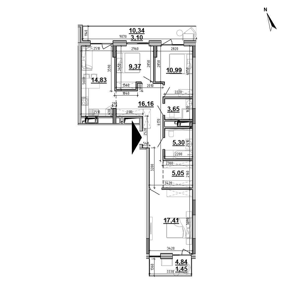 ЖК Brother: планировка 3-комнатной квартиры, №1, 87.31 м<sup>2</sup>