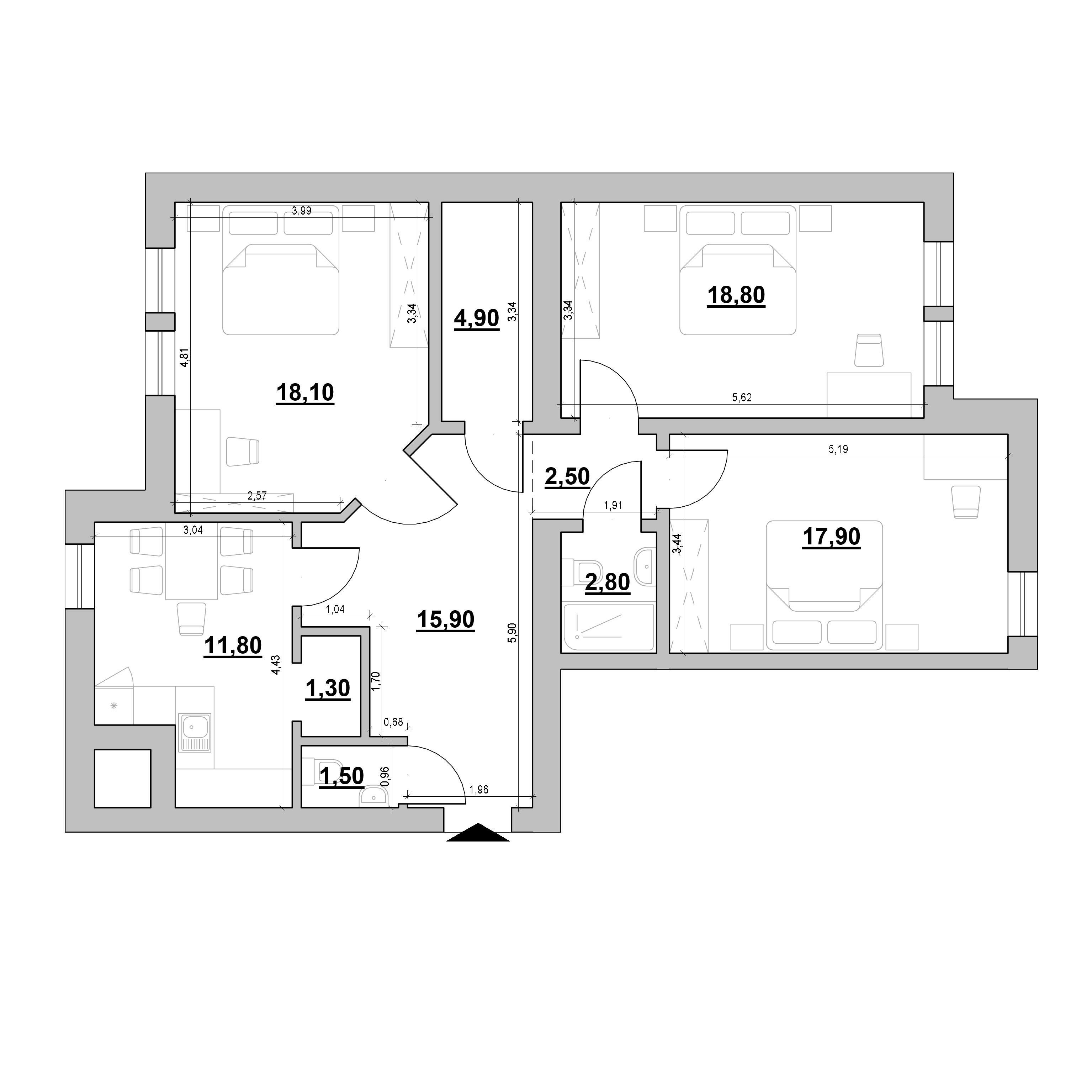 ЖК Вернадського, 42: планировка 3-комнатной квартиры, №108, 95.5 м<sup>2</sup>