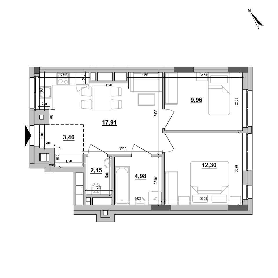 RC Big Ben: planning 2-bedroom apartment, №203, 50.76 m<sup>2</sup>