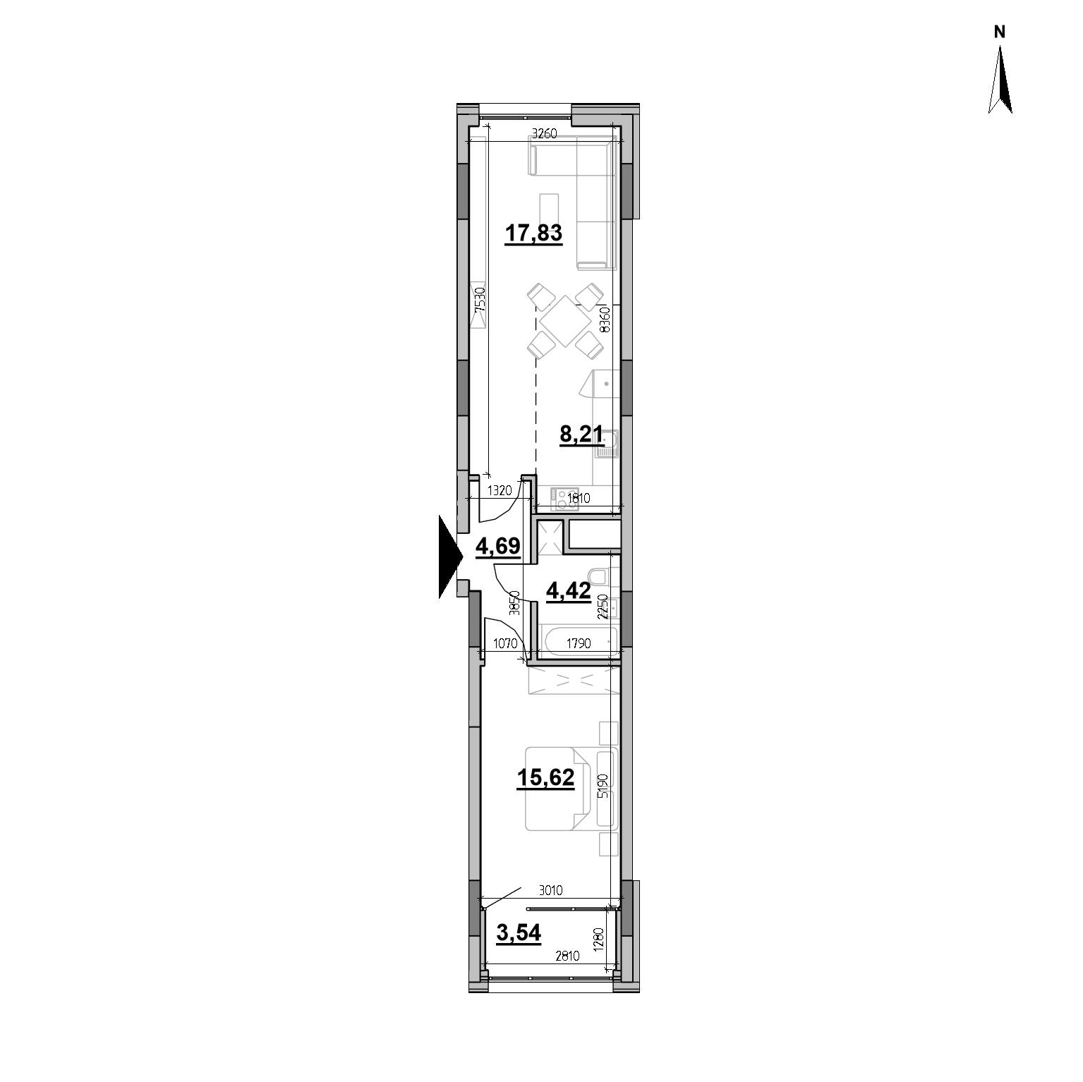 ЖК Nordica Residence: планировка 1-комнатного жилья, №22, 54.31 м<sup>2</sup>