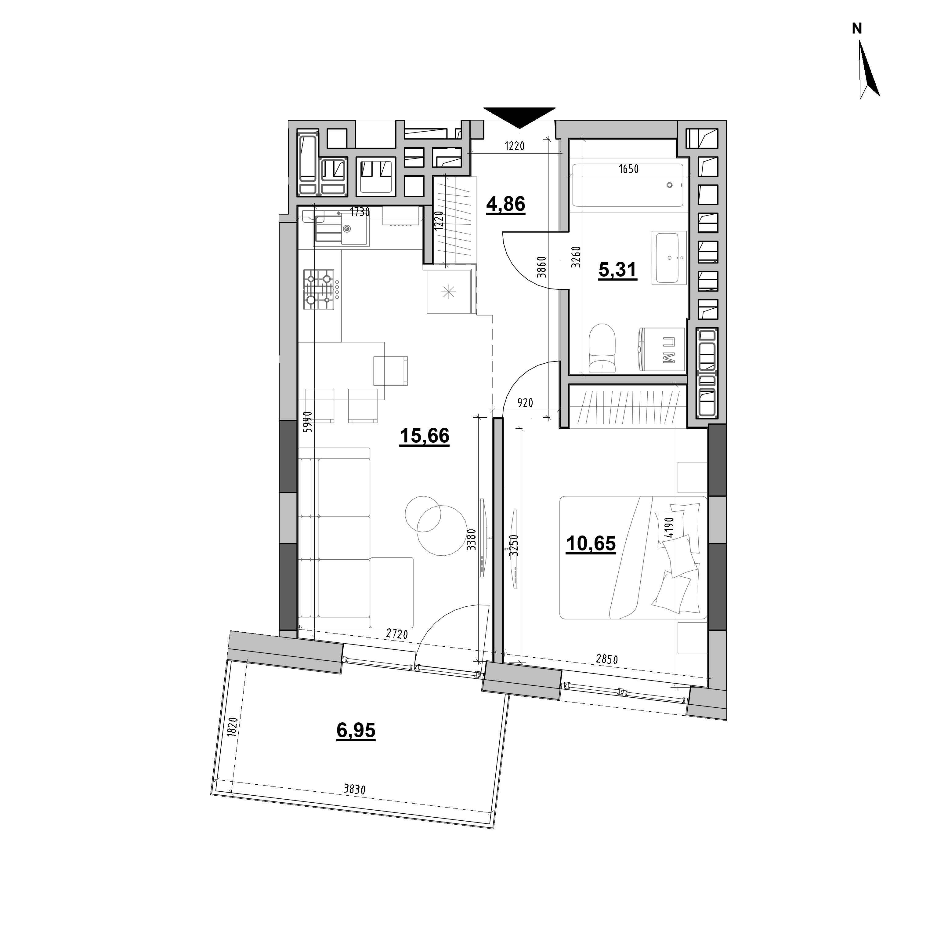 ЖК Morning: планування 1-кімнатної квартири, №23, 38.57 м<sup>2</sup>