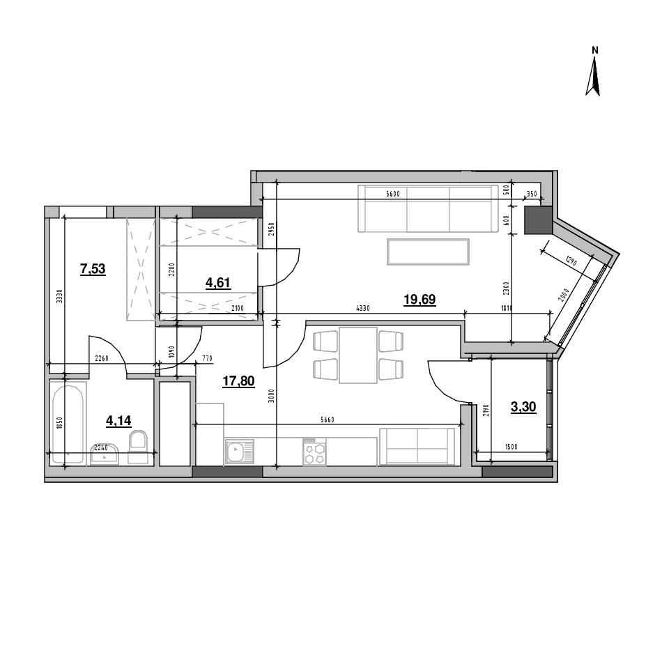 ЖК Nordica Residence: планування 1-кімнатної квартири, №162, 57.07 м<sup>2</sup>