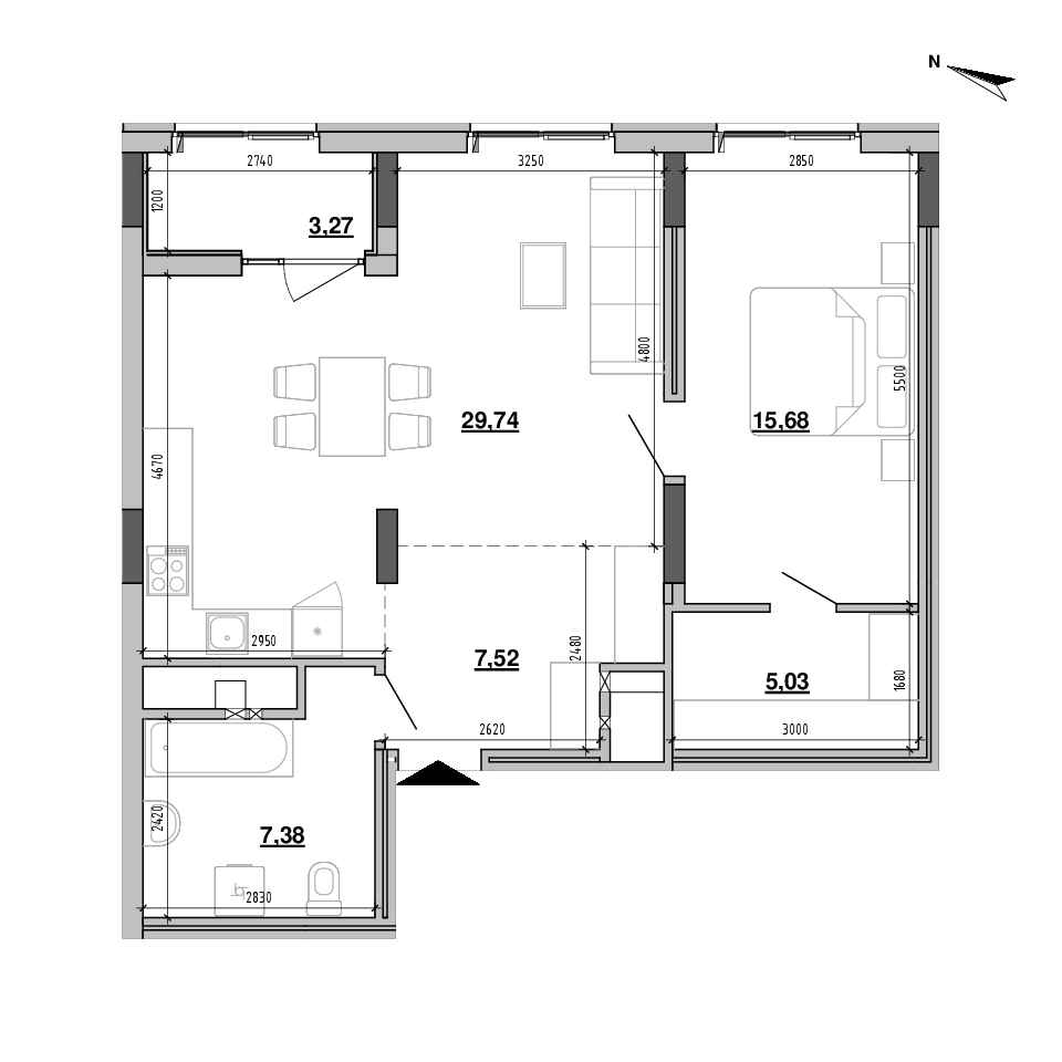 RC Pidzamche. Brama: planning 1-bedroom apartment, №5а, 68.61 m<sup>2</sup>