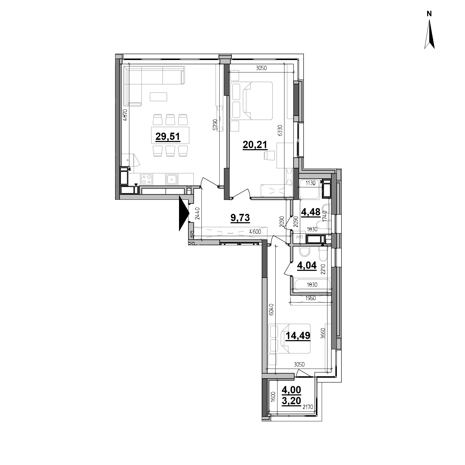ЖК Maxima Residence: планування 2-кімнатної квартири, №410, 85.66 м<sup>2</sup>