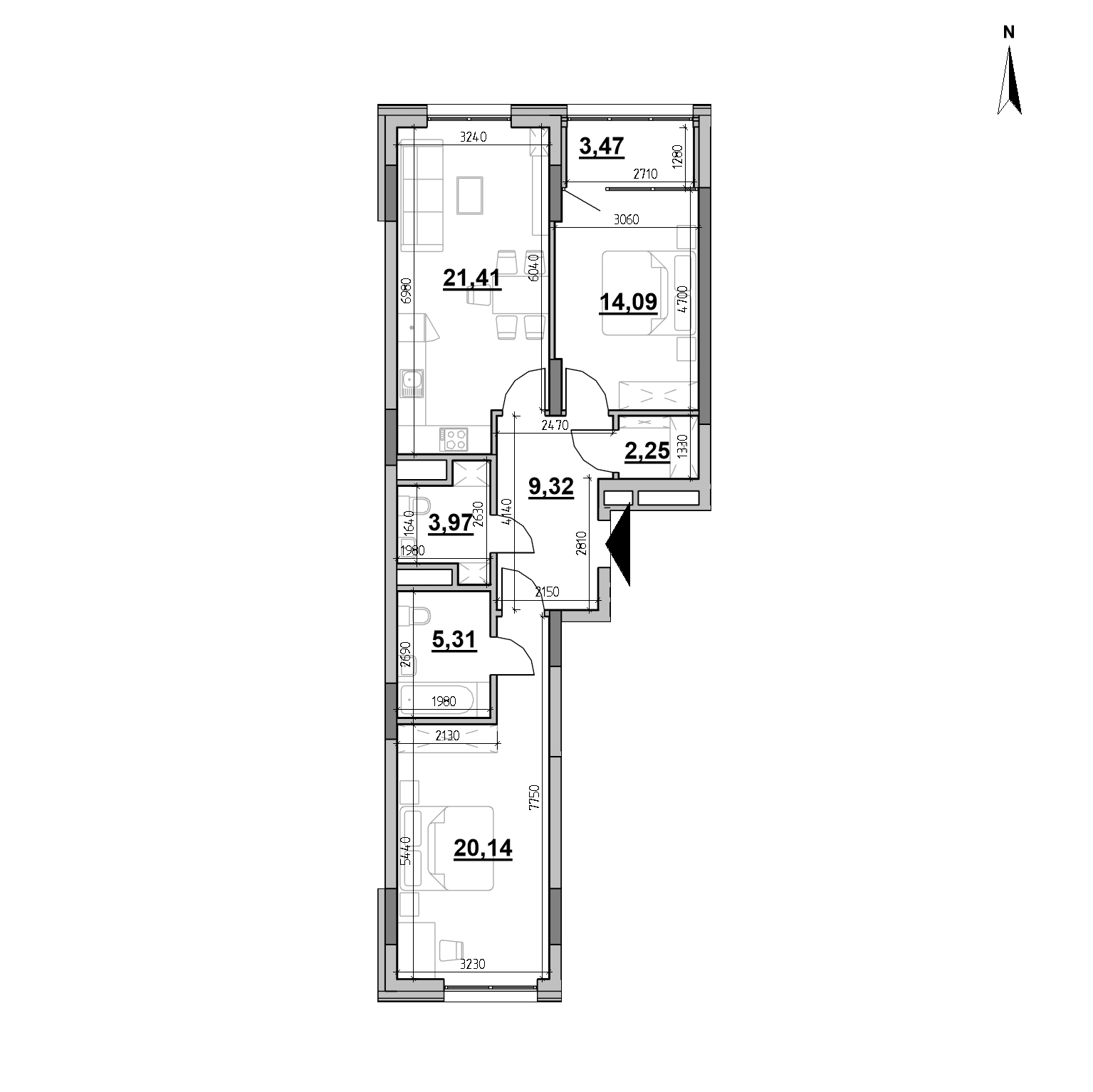 ЖК Nordica Residence: планування 2-кімнатного помешкання, №35, 79.96 м<sup>2</sup>