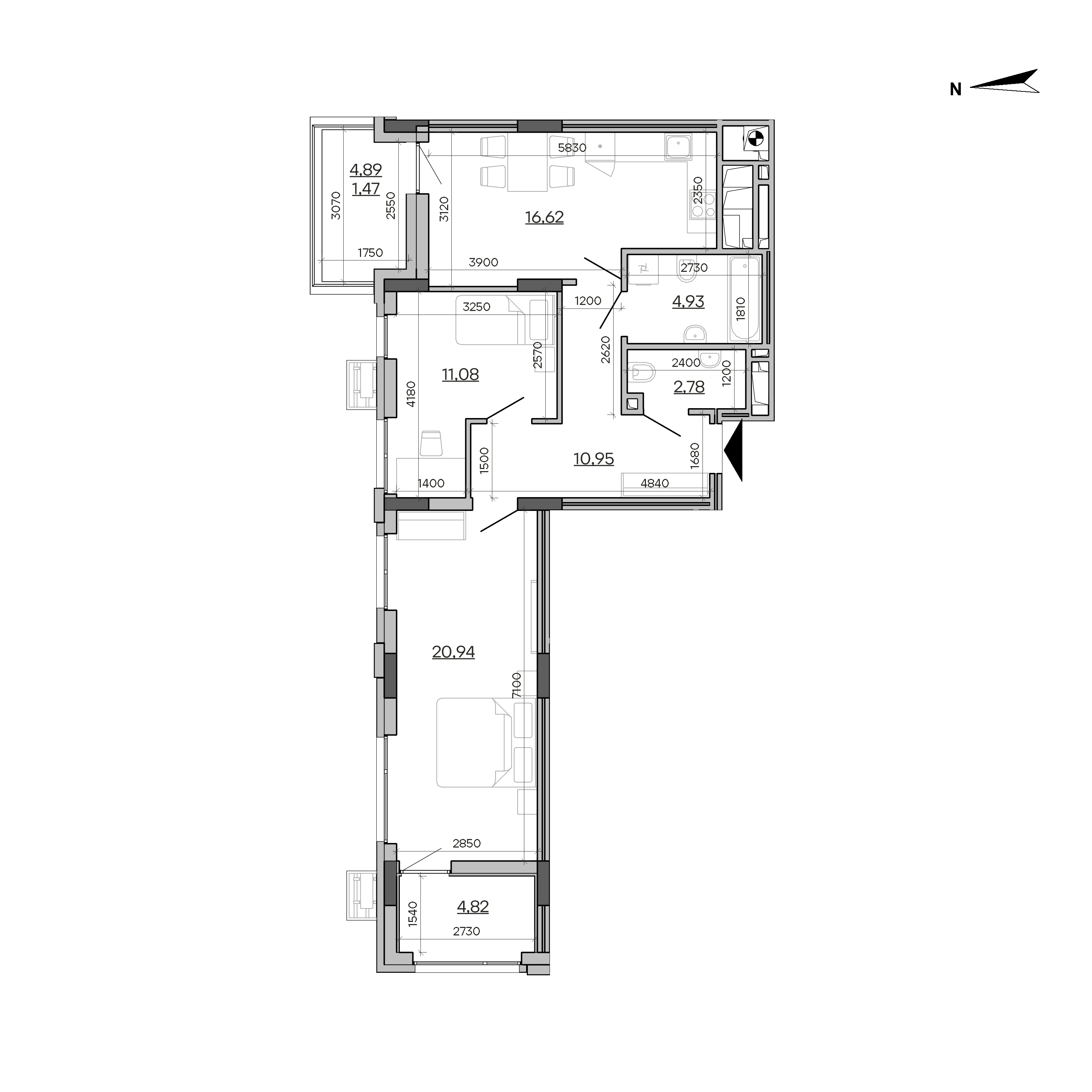 ЖК Father: планування 2-кімнатної квартири, №83, 73.59 м<sup>2</sup>