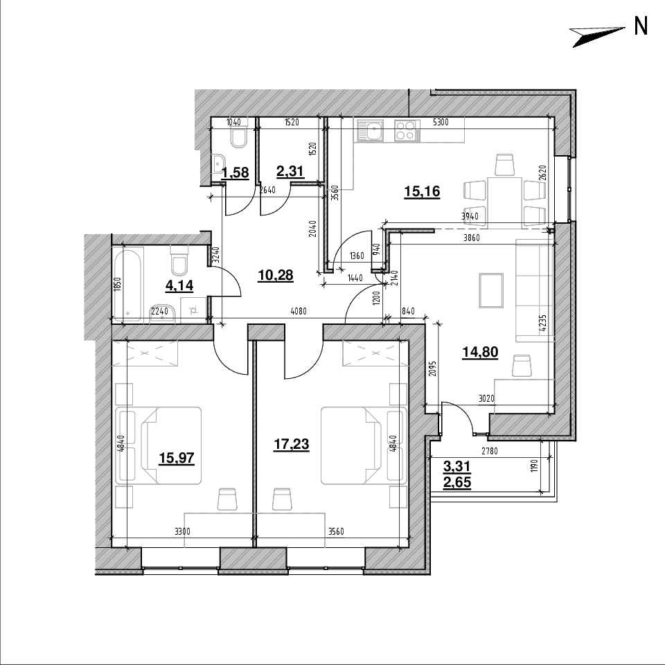 ЖК Компаньон: планировка 3-комнатной квартиры, №101, 82.7 м<sup>2</sup>