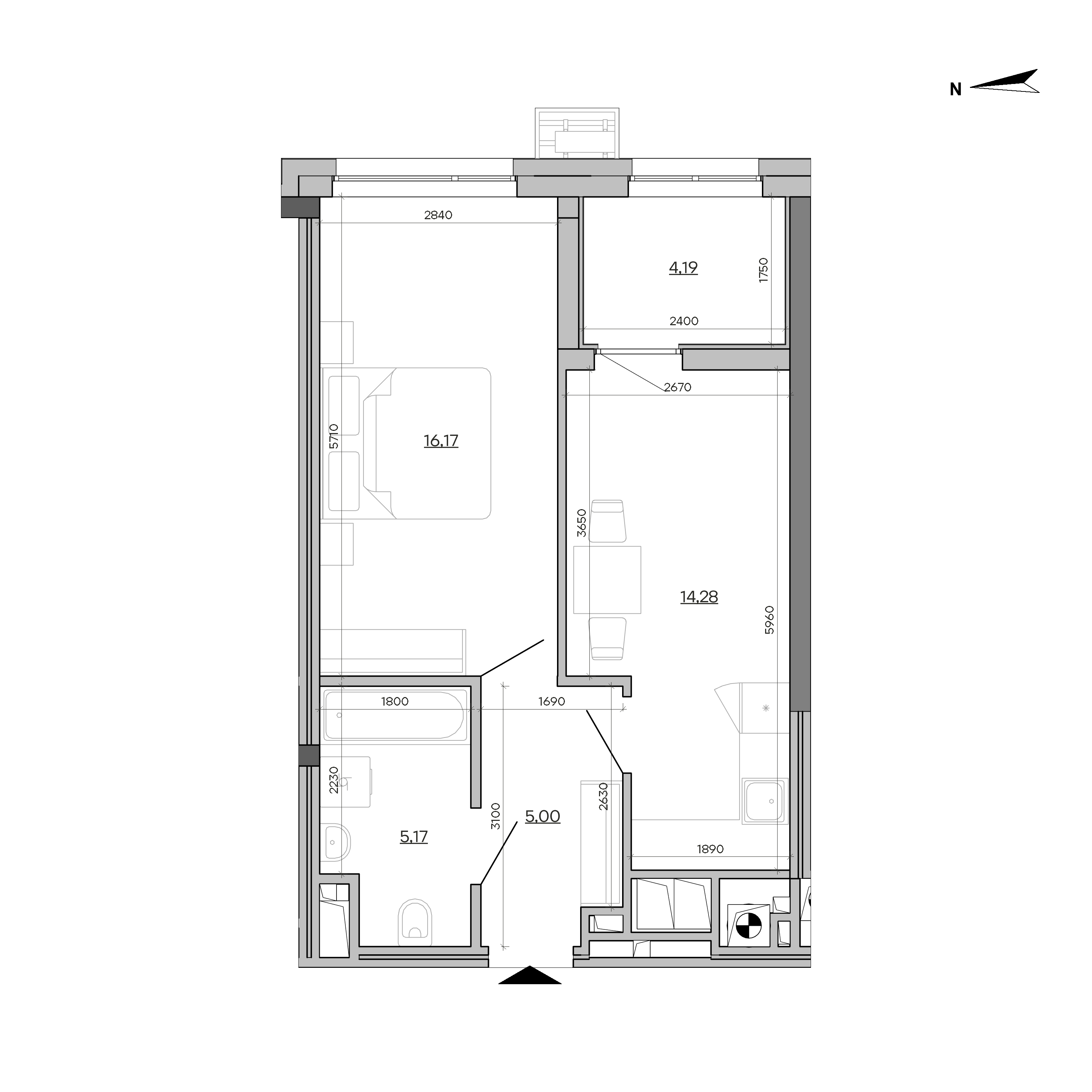 ЖК Father: планування 1-кімнатної квартири, №56, 44.81 м<sup>2</sup>