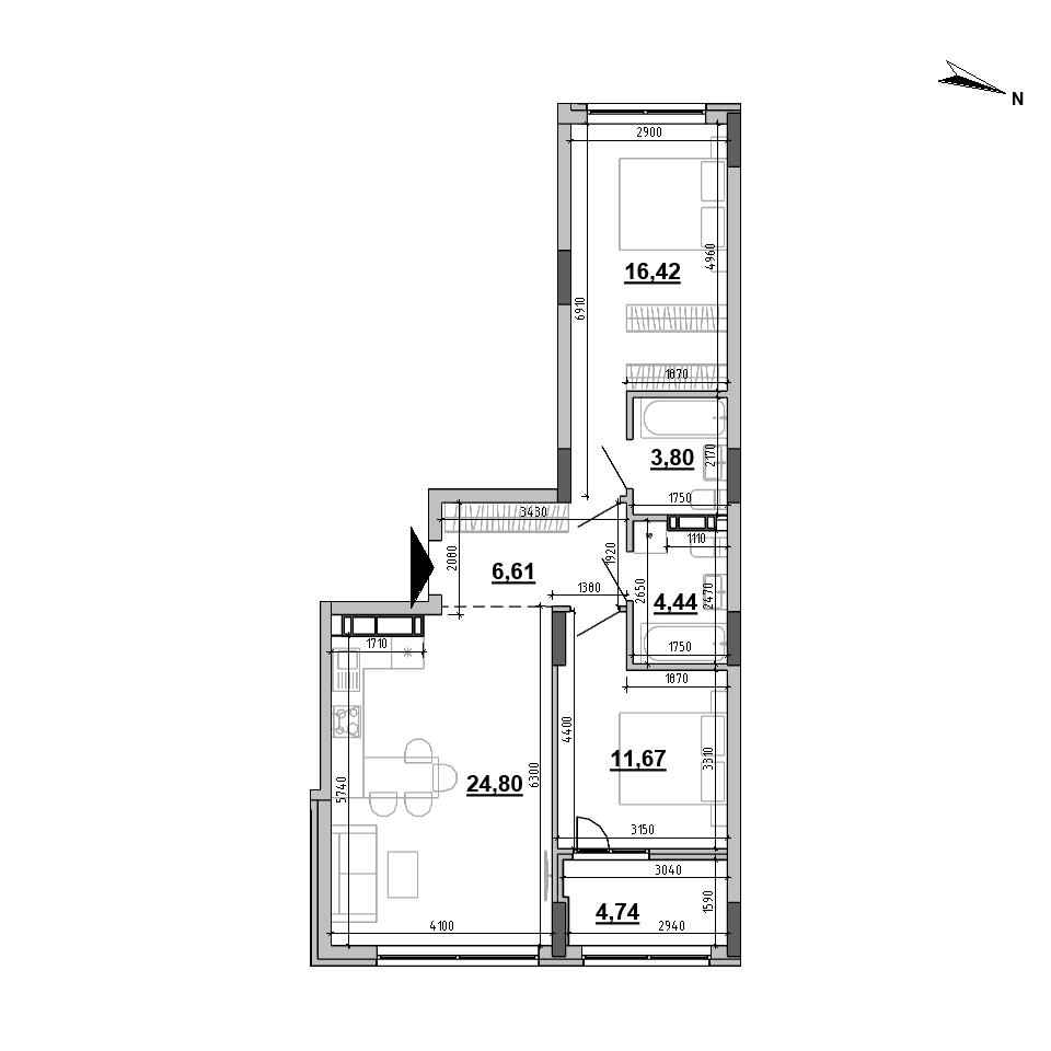 ЖК Sister: планування 2-кімнатної квартири, №172, 72.48 м<sup>2</sup>