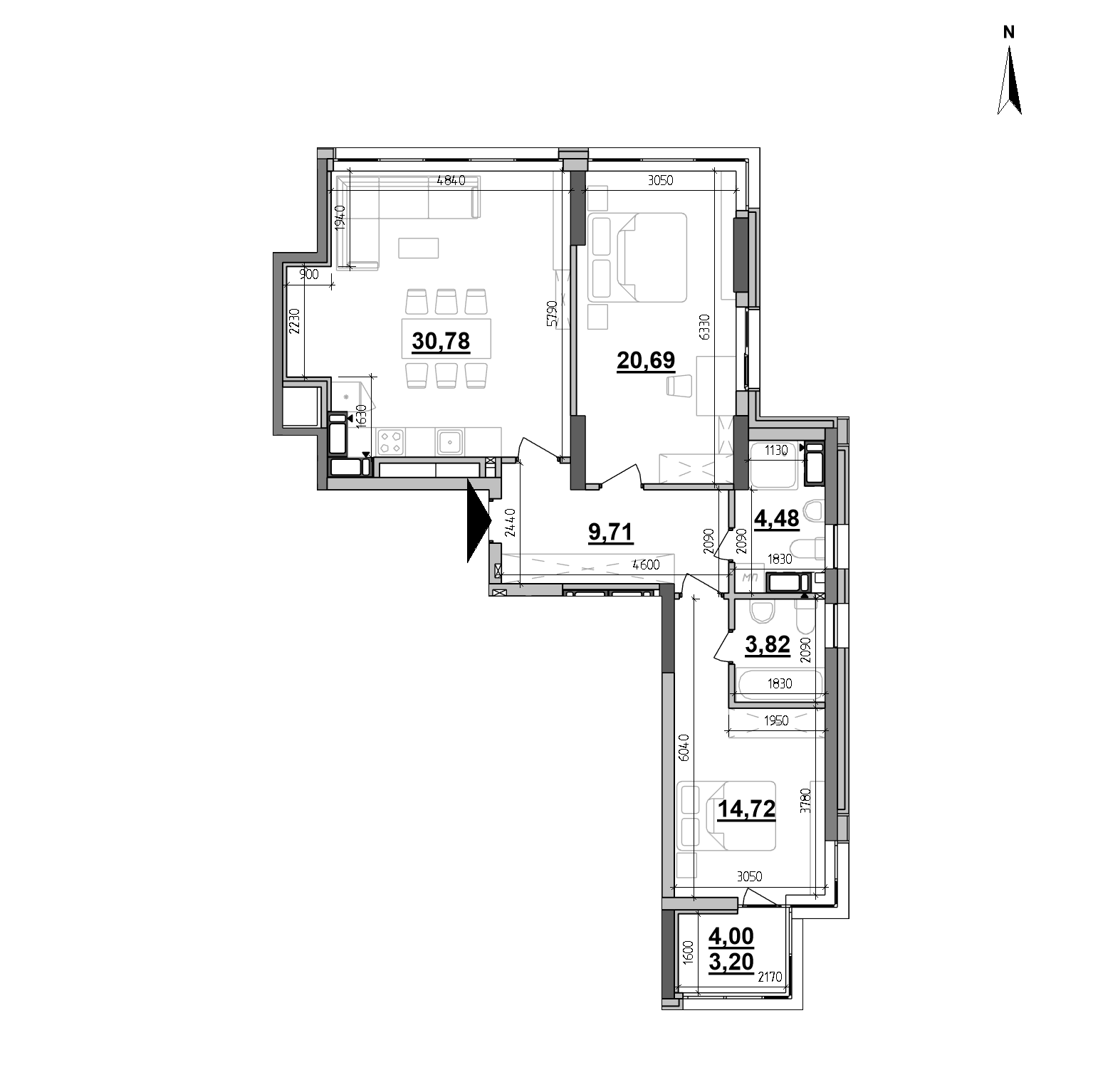 ЖК Maxima Residence: планування 2-кімнатної квартири, №375, 87.4 м<sup>2</sup>