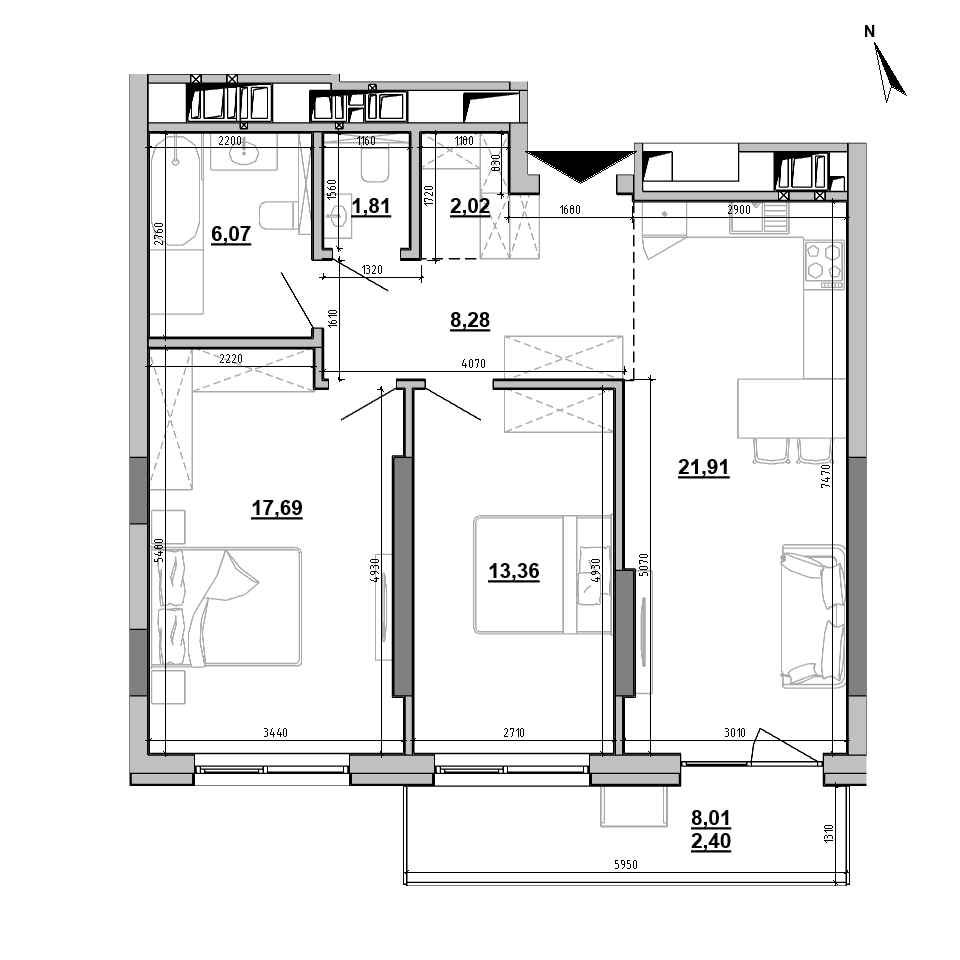 ЖК Brother: планування 2-кімнатної квартири, №64, 73.54 м<sup>2</sup>
