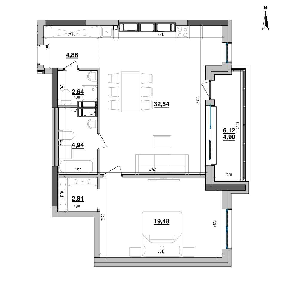 RC Maxima Residence: planning 1-bedroom apartment, №281, 72.17 m<sup>2</sup>