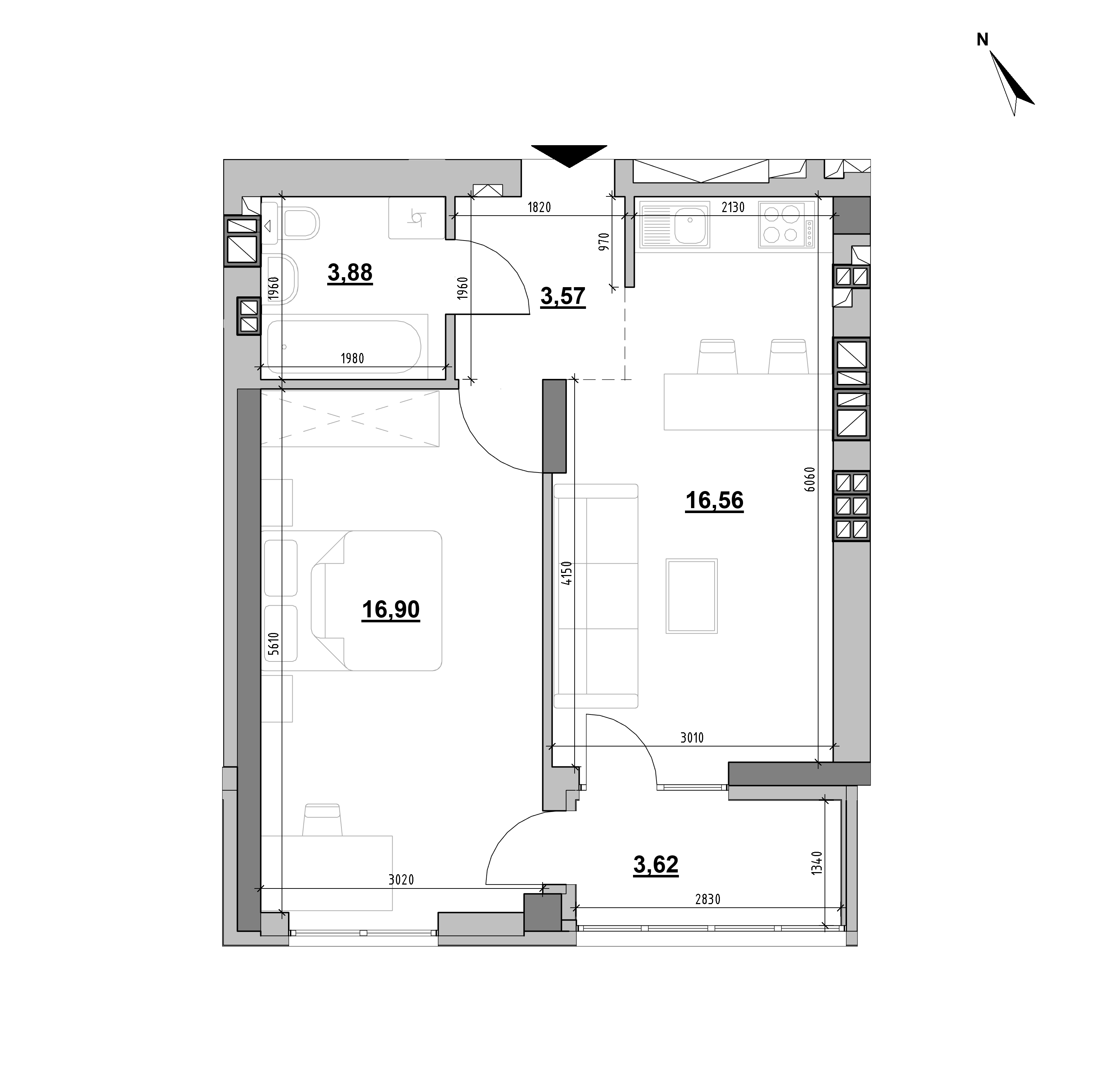 ЖК Evening: планування 1-кімнатної квартири, №19, 44.53 м<sup>2</sup>