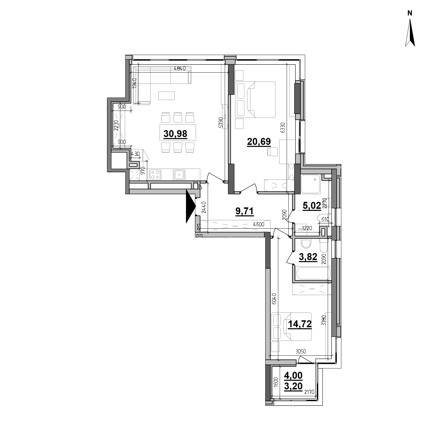 ЖК Maxima Residence: планування 2-кімнатної квартири, №370, 88.14 м<sup>2</sup>