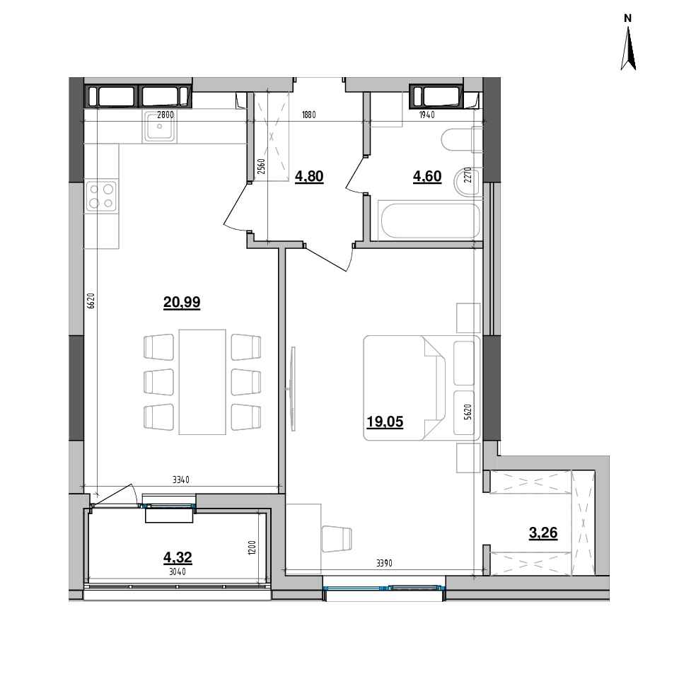 RC Maxima Residence: planning 1-bedroom apartment, №216, 57.02 m<sup>2</sup>