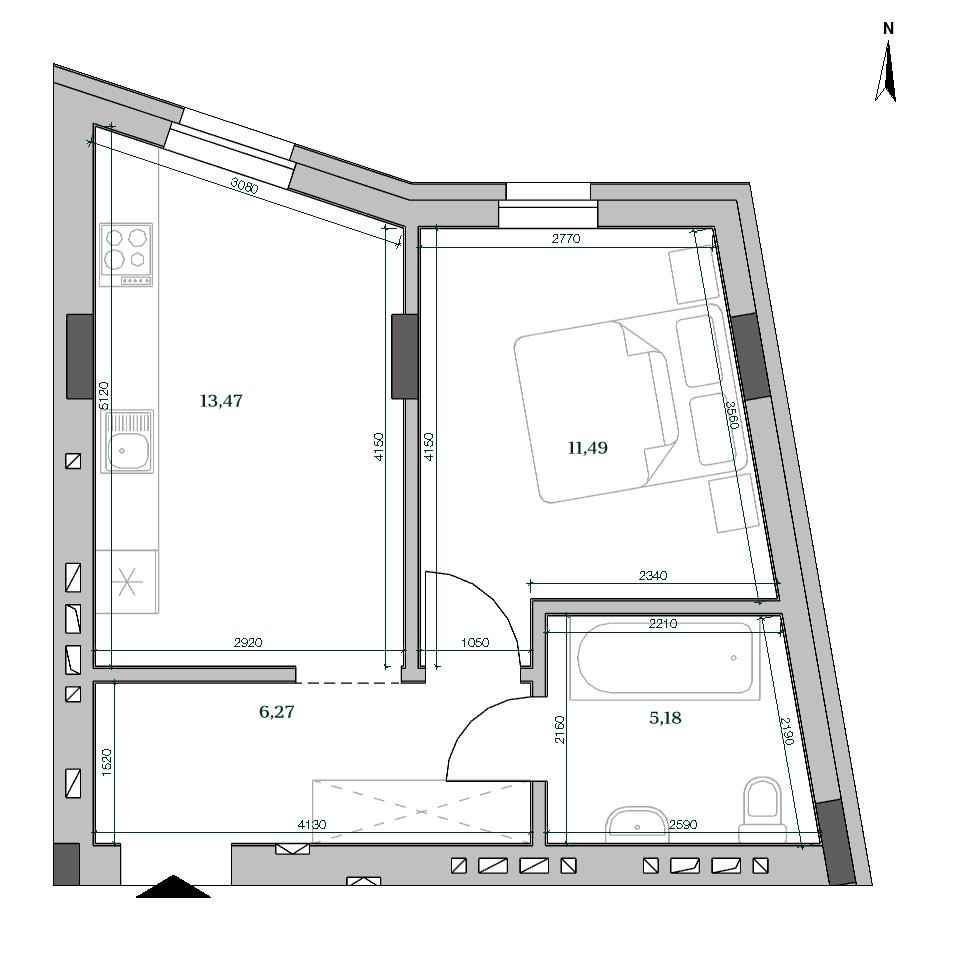 ЖК HARRY: планування 1-кімнатного помешкання, №305, 36.41 м<sup>2</sup>