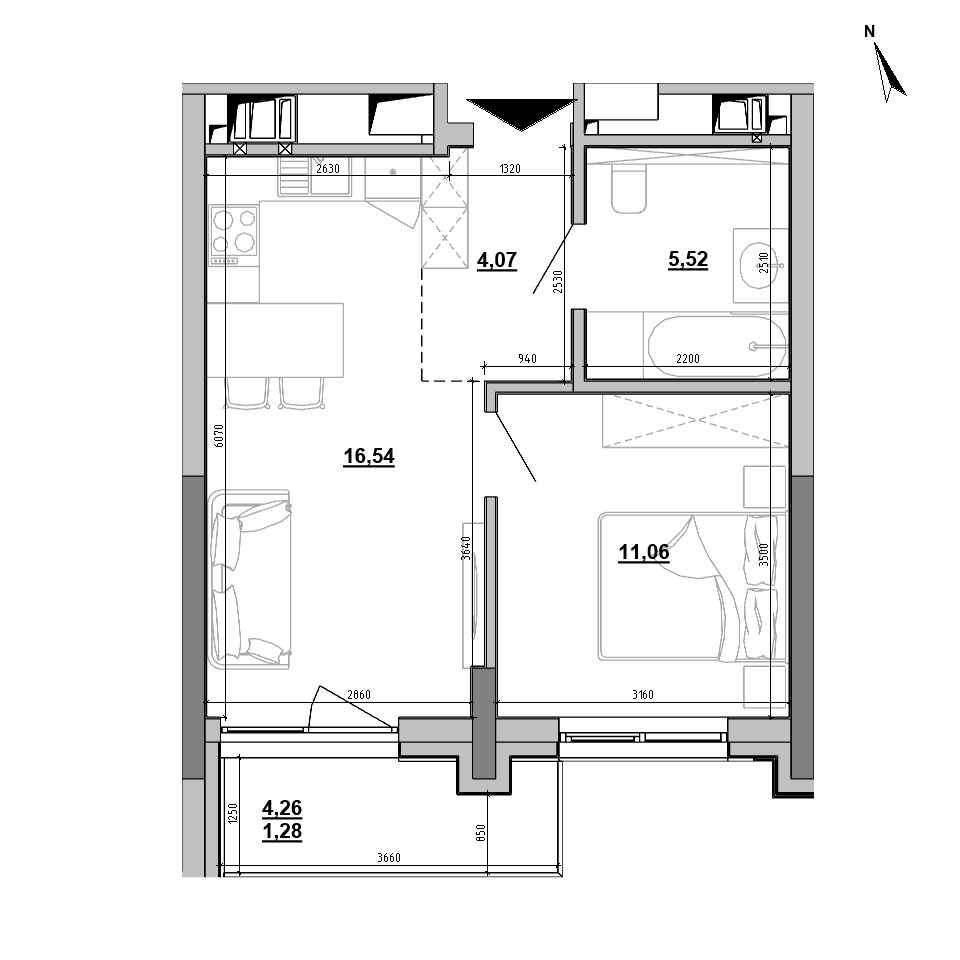 ЖК Brother: планування 1-кімнатної квартири, №61, 38.47 м<sup>2</sup>