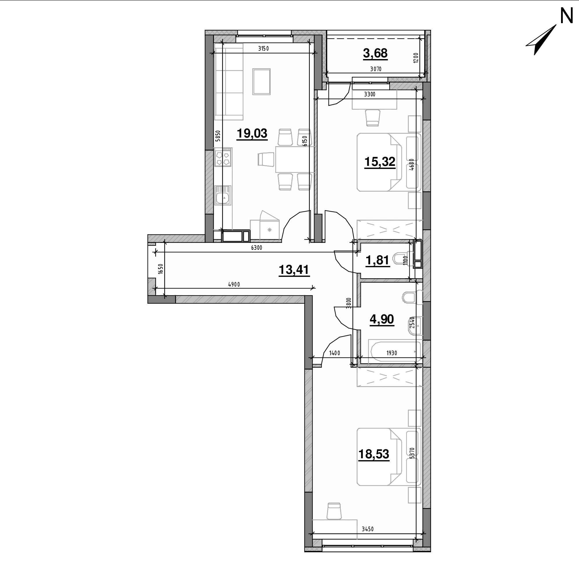 ЖК Оk'Land: планування 2-кімнатної квартири, №421, 76.68 м<sup>2</sup>