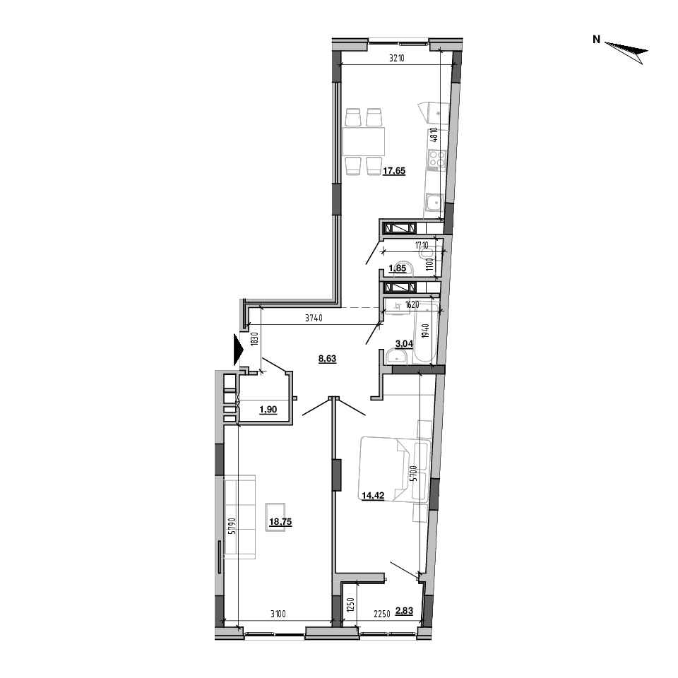 RC Pidzamche. Brama: planning 2-bedroom apartment, №7, 69.07 m<sup>2</sup>