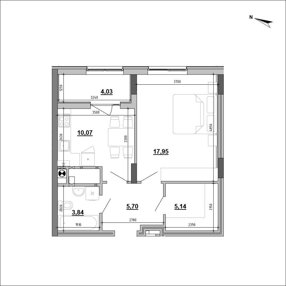 RC Pidzamche. Brama: planning 1-bedroom apartment, №1, 46.73 m<sup>2</sup>
