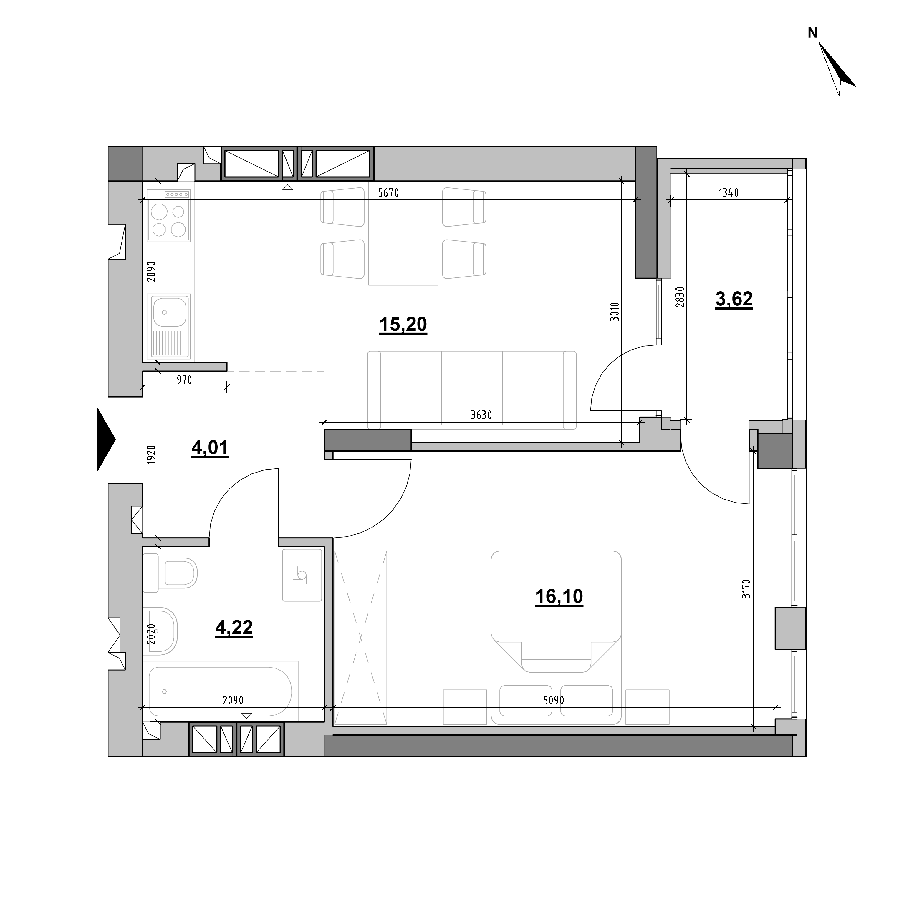 ЖК Evening: планування 1-кімнатної квартири, №93, 43.15 м<sup>2</sup>