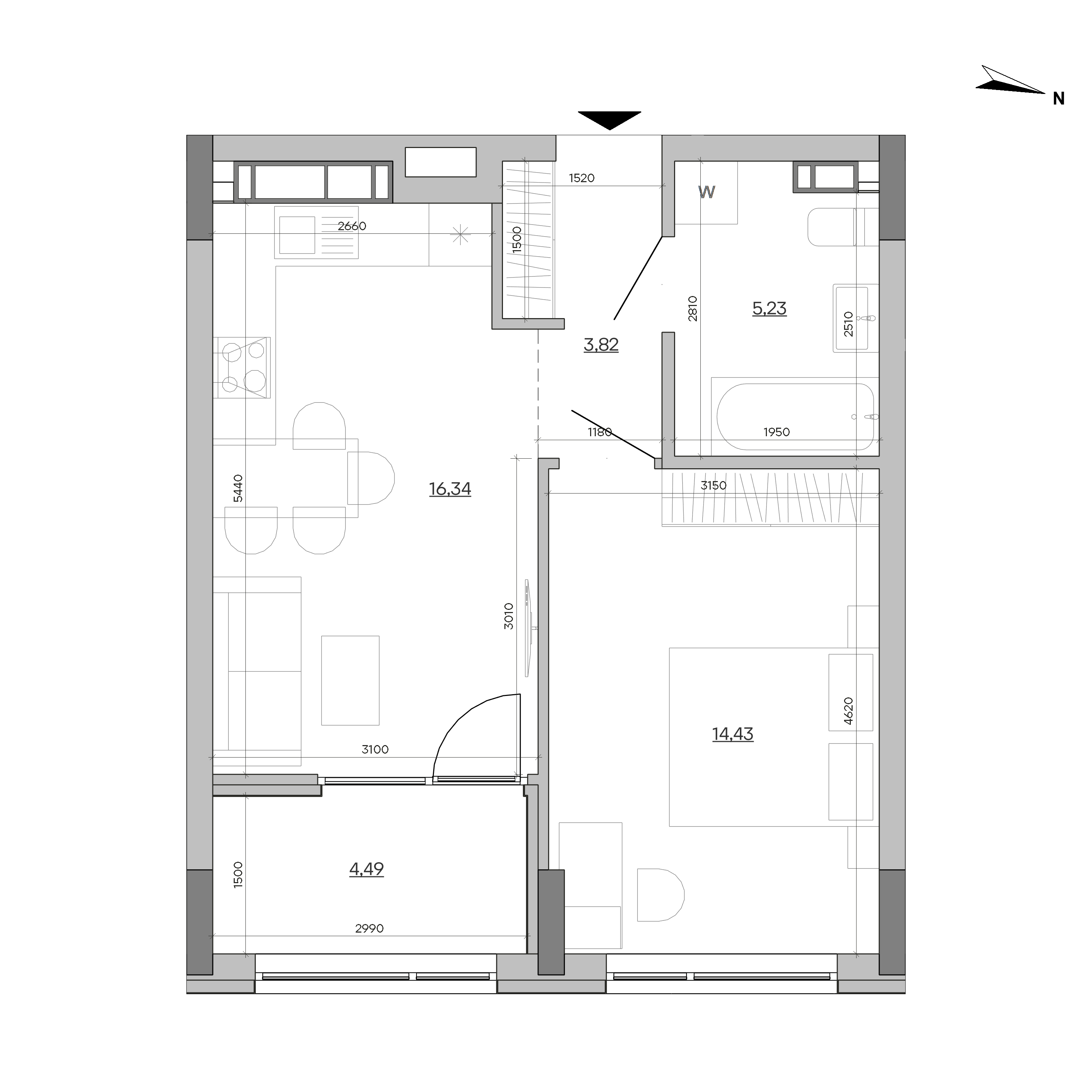 ЖК Sister: планування 1-кімнатної квартири, №54, 44.31 м<sup>2</sup>