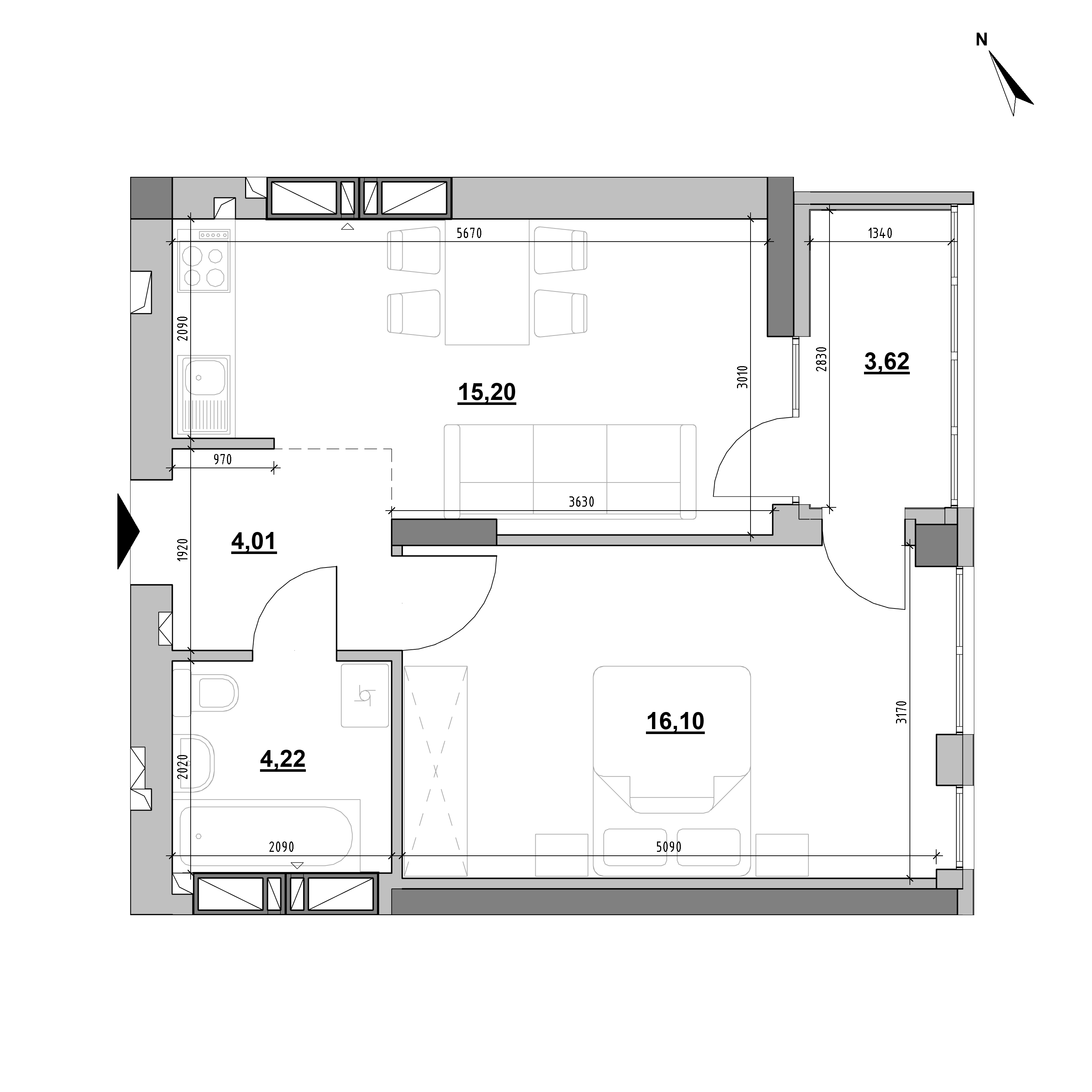 ЖК Evening: планування 1-кімнатної квартири, №111, 43.15 м<sup>2</sup>