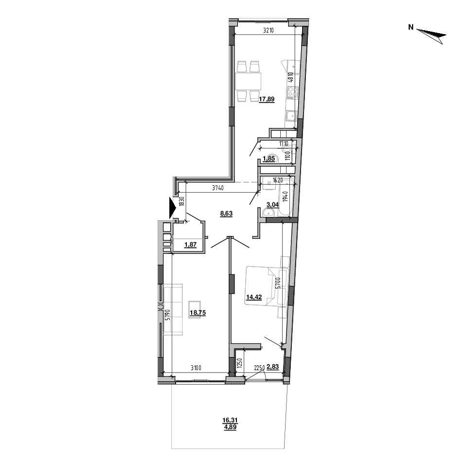 ЖК Підзамче. Брама: планировка 2-комнатной квартиры, №2, 74.17 м<sup>2</sup>