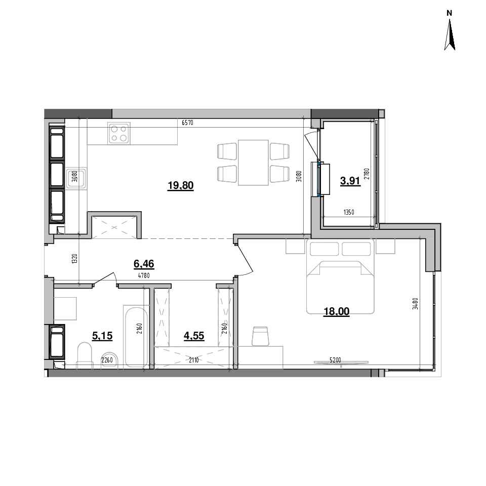 RC Maxima Residence: planning 1-bedroom apartment, №279, 57.87 m<sup>2</sup>