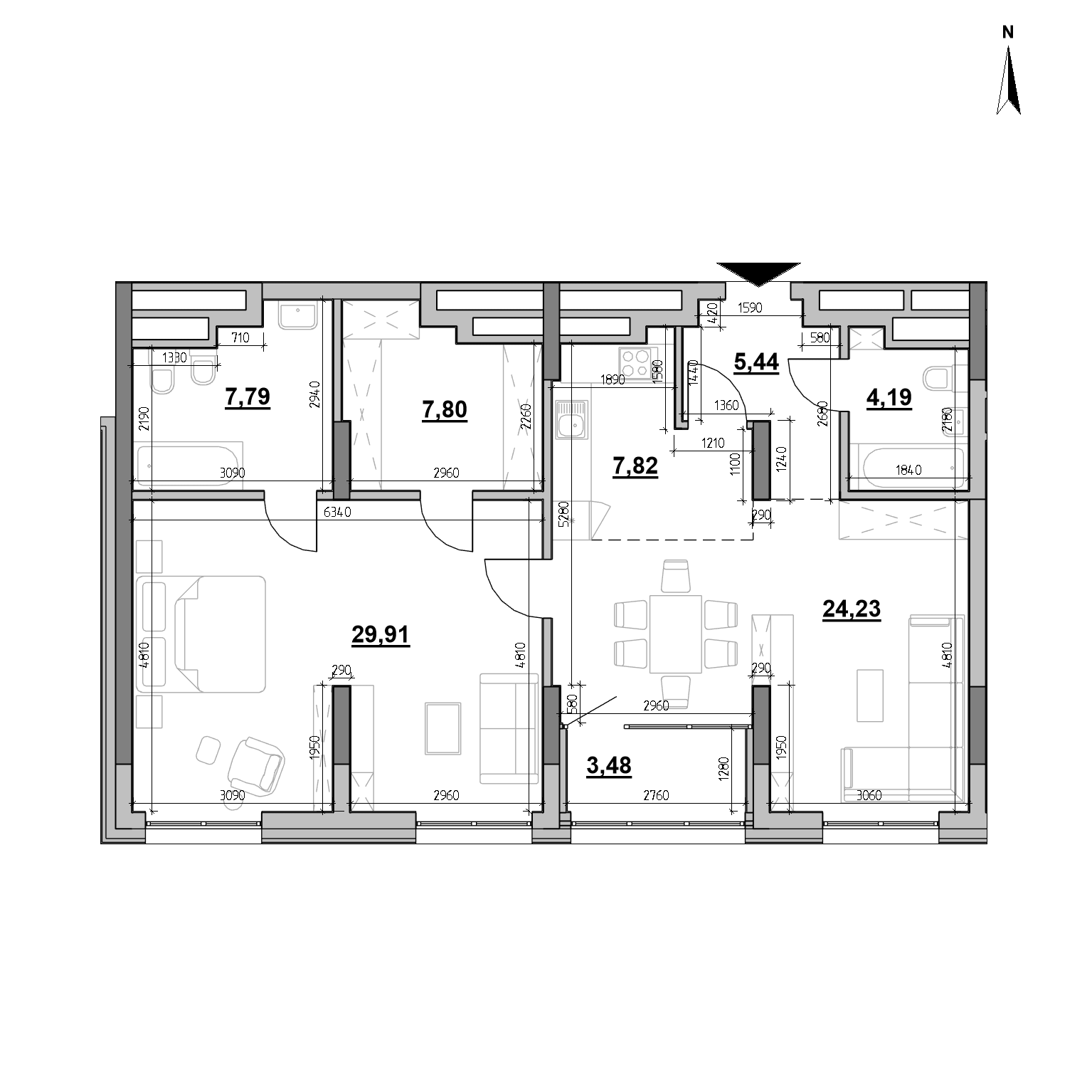 ЖК Nordica Residence: планування 1-кімнатного помешкання, №4, 90.66 м<sup>2</sup>