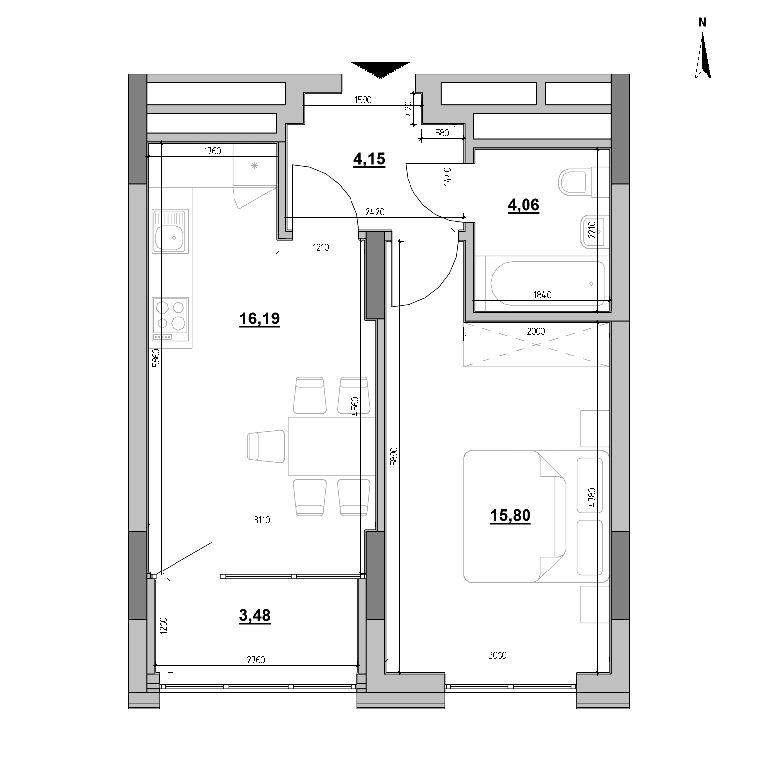 ЖК Nordica Residence: планування 1-кімнатного помешкання, №64, 43.68 м<sup>2</sup>