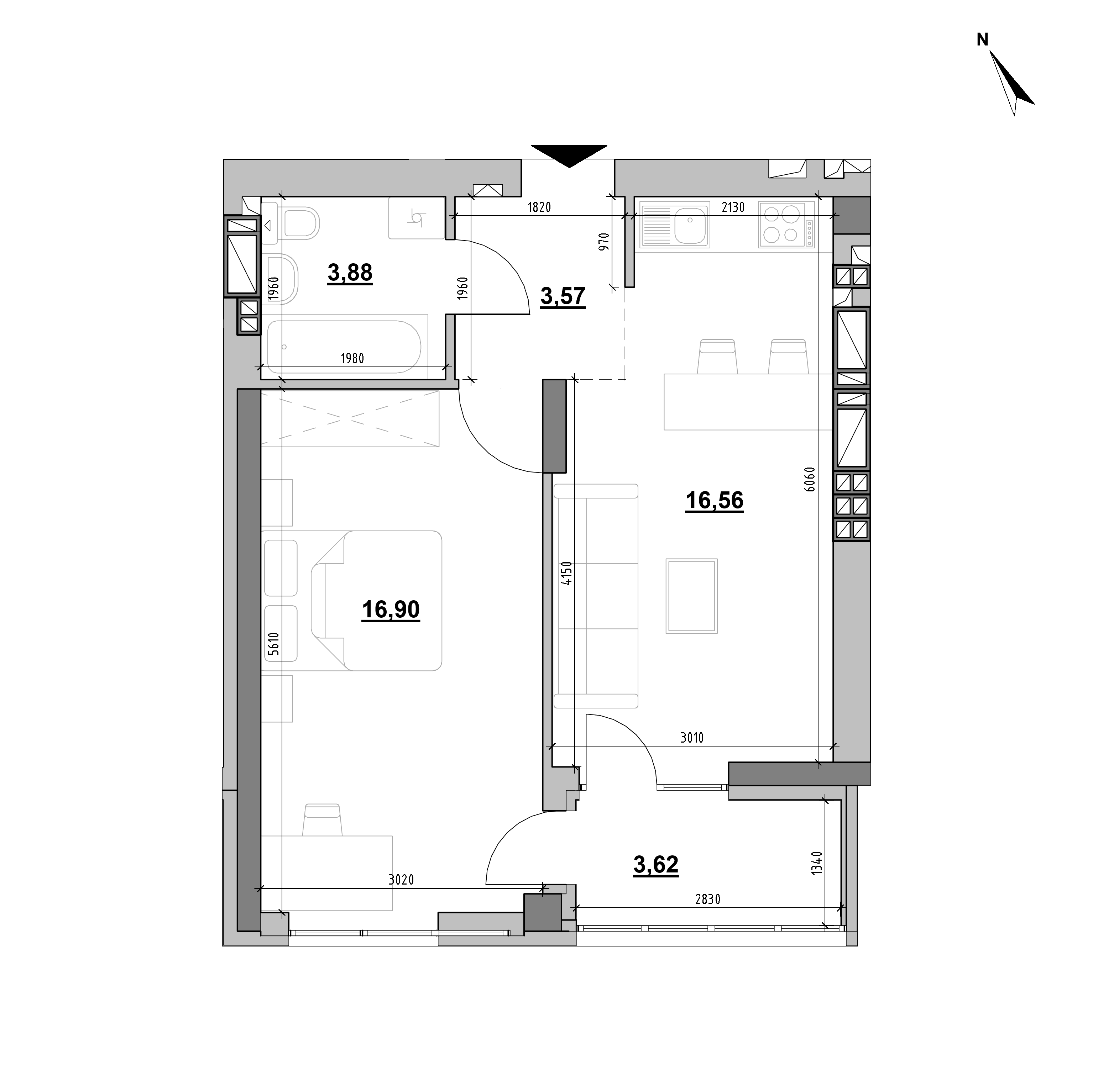 ЖК Evening: планування 1-кімнатної квартири, №27, 44.53 м<sup>2</sup>