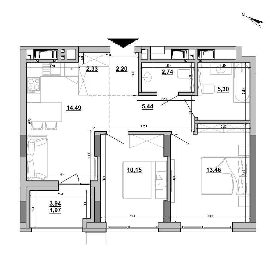 ЖК Brother: планування 2-кімнатної квартири, №229, 58.08 м<sup>2</sup>