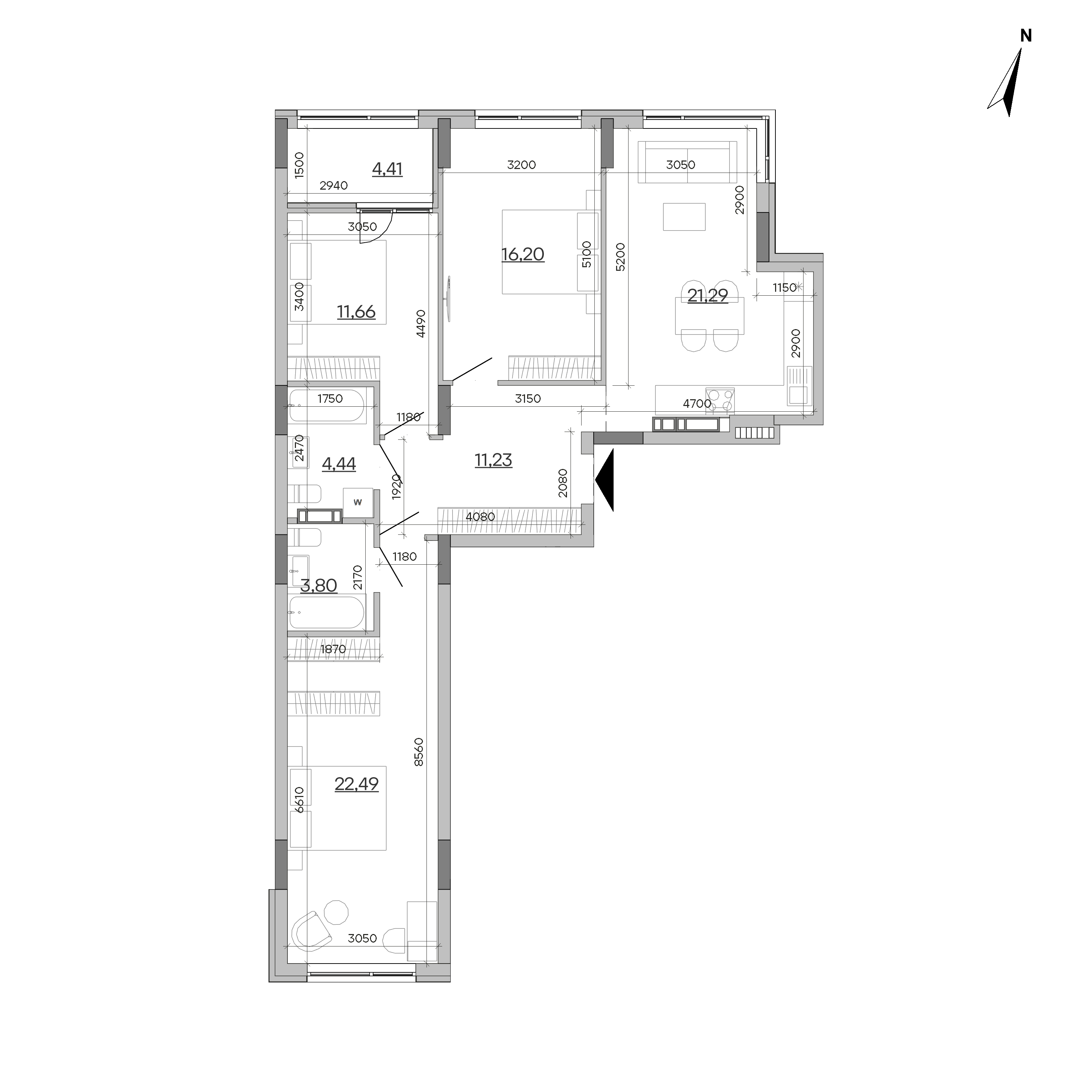 ЖК Sister: планування 3-кімнатної квартири, №42, 95.52 м<sup>2</sup>