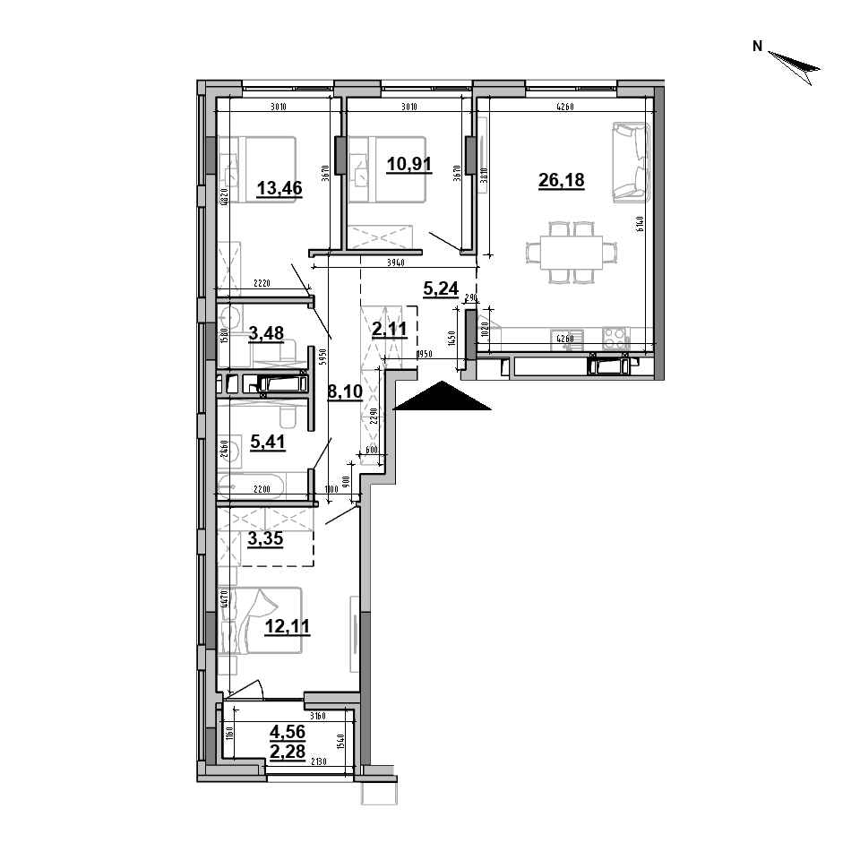 ЖК Brother: планування 3-кімнатної квартири, №211, 92.63 м<sup>2</sup>