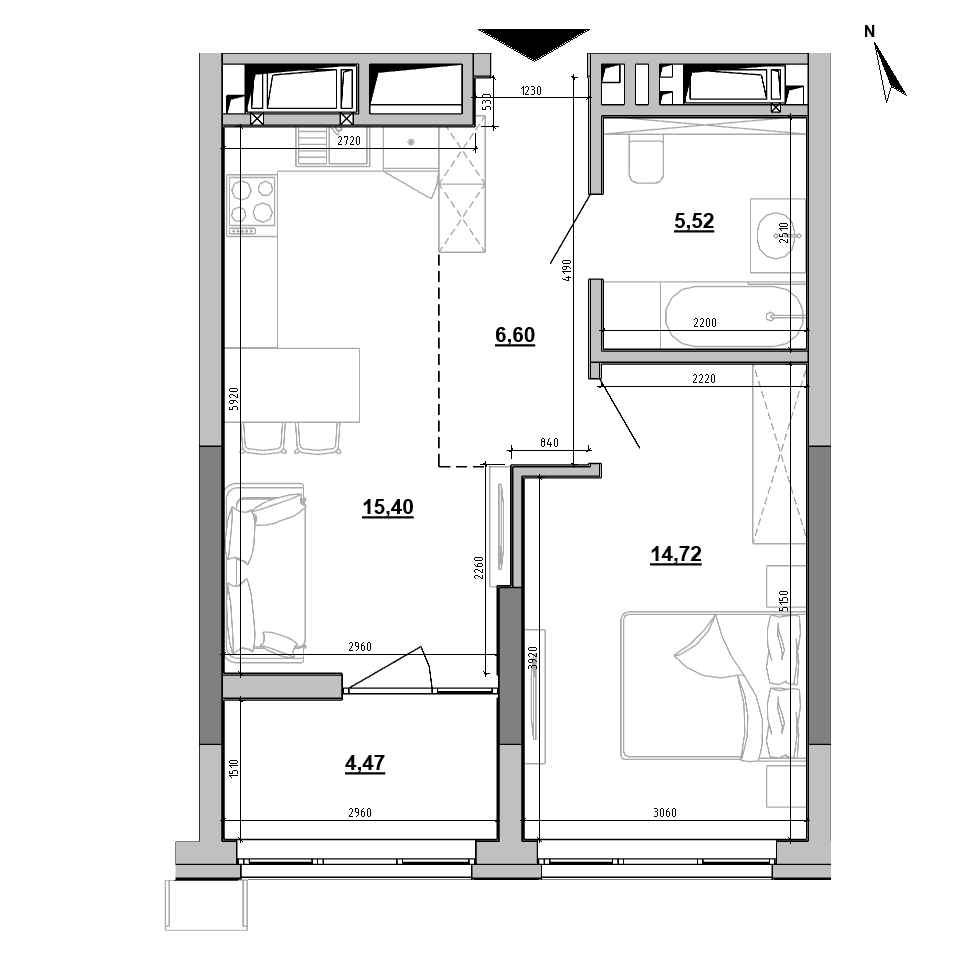 RC Brother: planning 1-bedroom apartment, №191, 46.71 m<sup>2</sup>