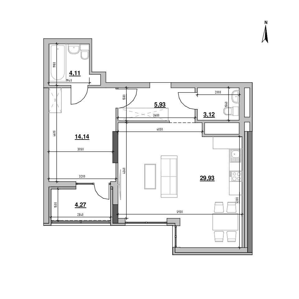 ЖК Nordica Residence: планування 1-кімнатної квартири, №216, 61.48 м<sup>2</sup>