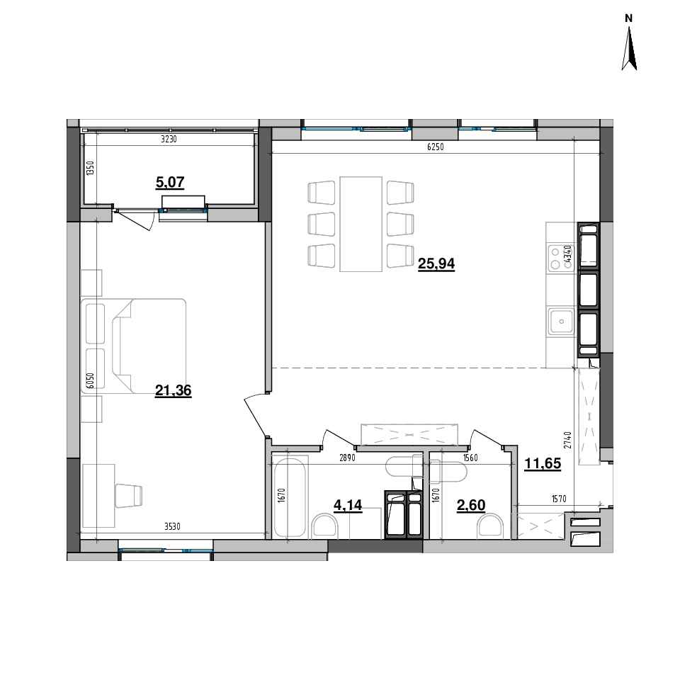 RC Maxima Residence: planning 1-bedroom apartment, №287, 70.76 m<sup>2</sup>
