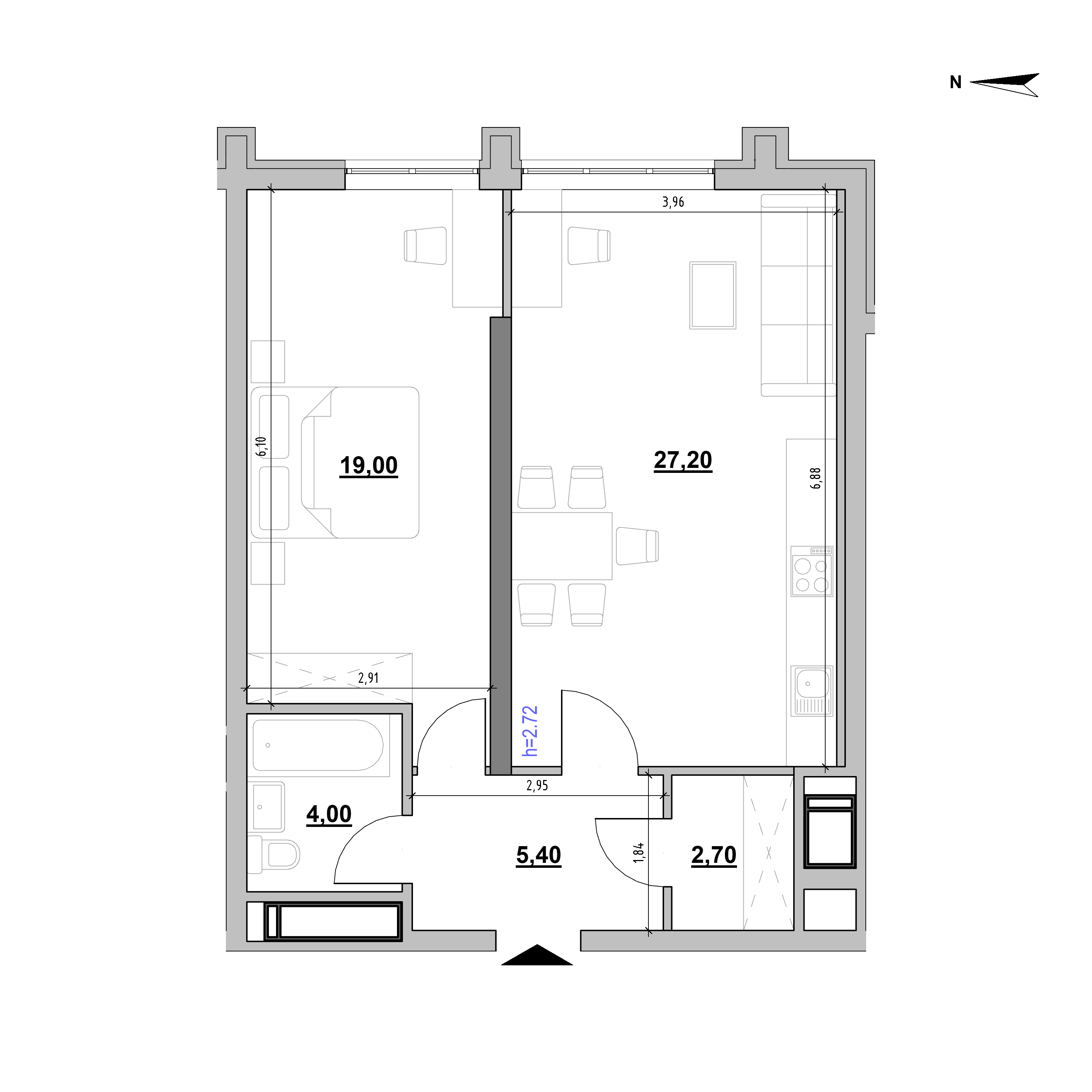 ЖК Nordica Residence: планування 1-кімнатної квартири, №130, 58.3 м<sup>2</sup>