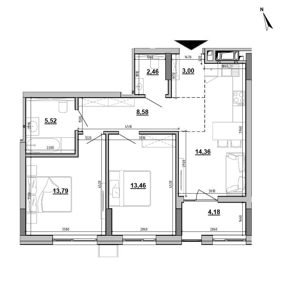 ЖК Brother: планування 2-кімнатної квартири, №13, 65.35 м<sup>2</sup>