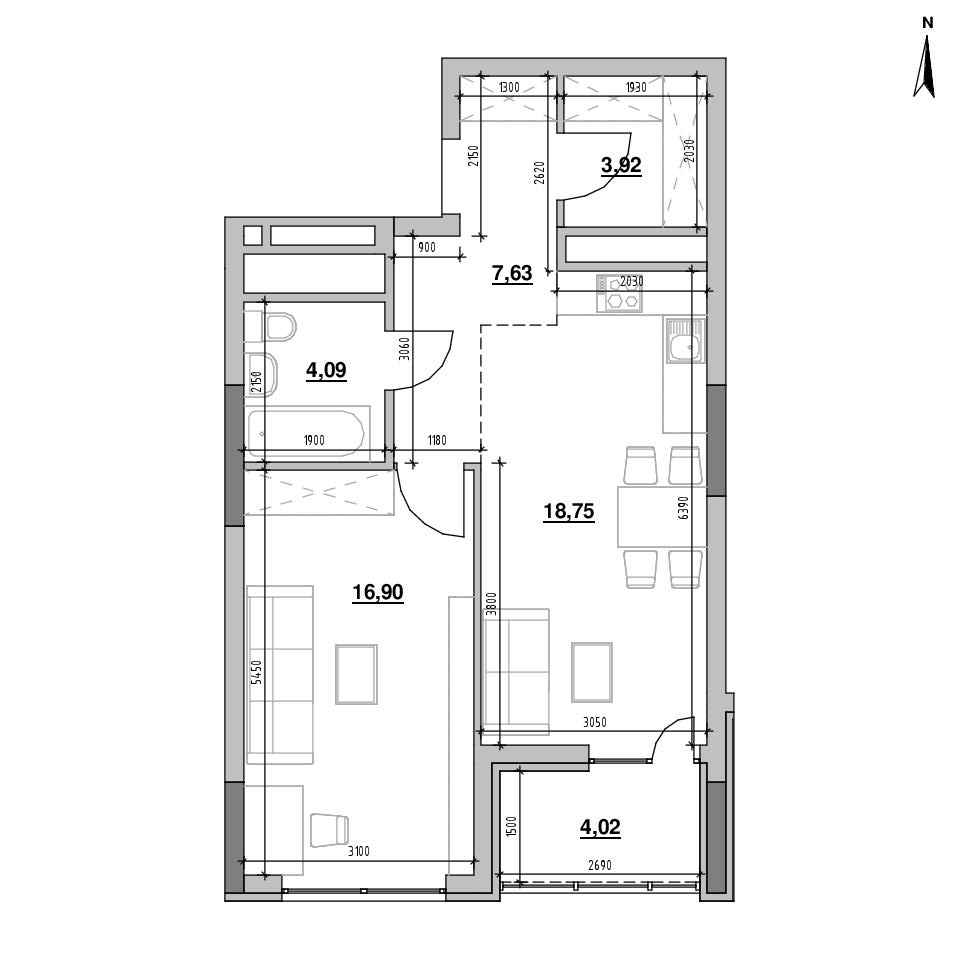 ЖК Nordica Residence: планування 1-кімнатної квартири, №16, 55.31 м<sup>2</sup>