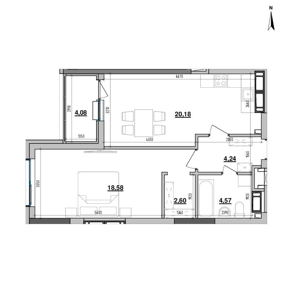 RC Maxima Residence: planning 1-bedroom apartment, №218, 54.25 m<sup>2</sup>