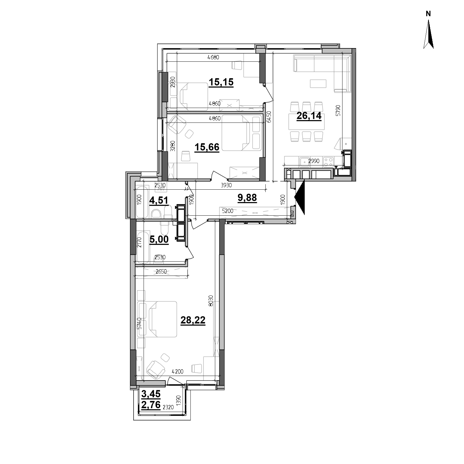 ЖК Maxima Residence: планування 3-кімнатної квартири, №389, 107.32 м<sup>2</sup>