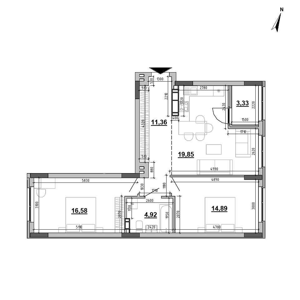 ЖК Sister: планування 2-кімнатної квартири, №31, 70.93 м<sup>2</sup>