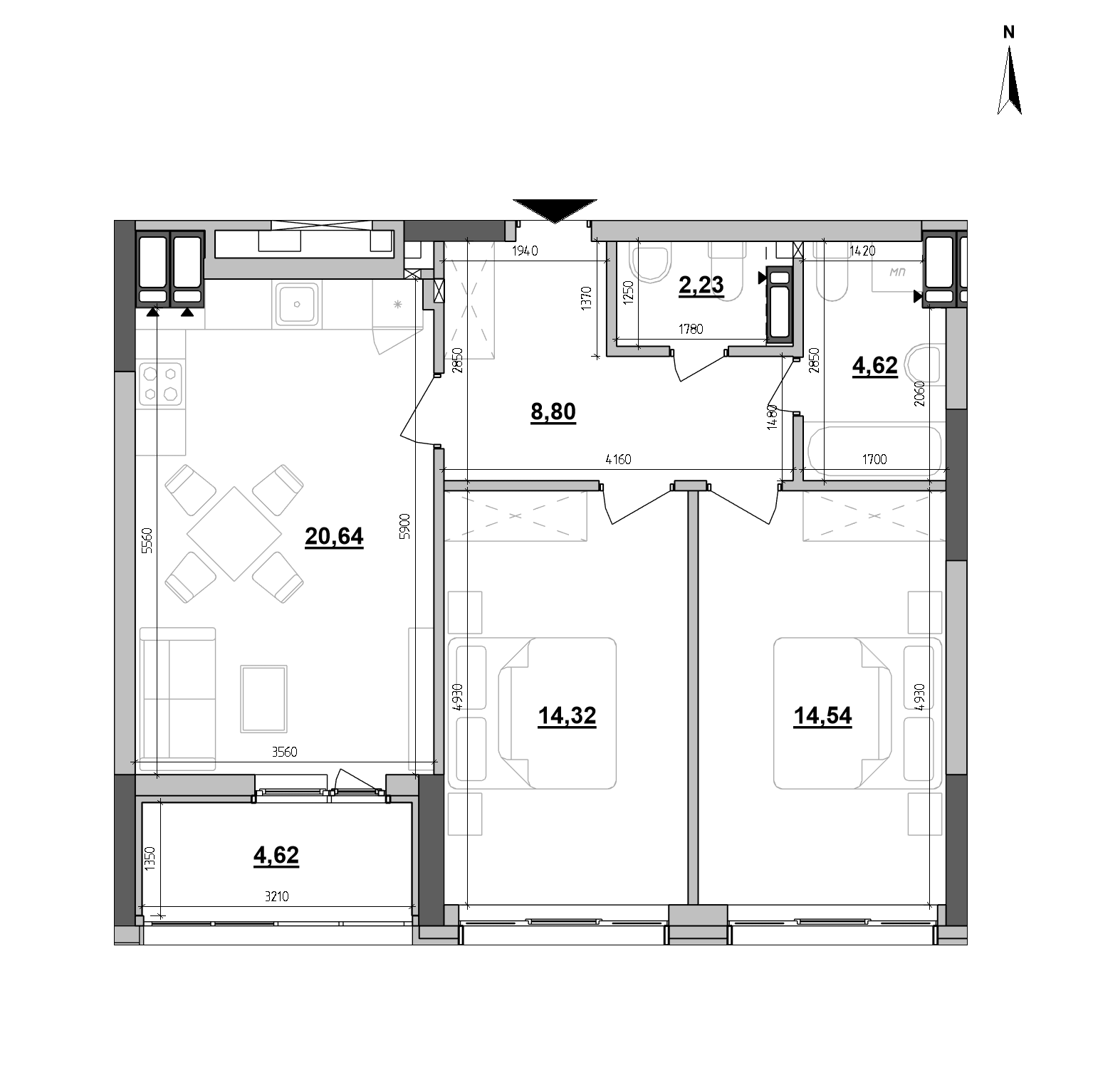 ЖК Maxima Residence: планування 2-кімнатної квартири, №377, 69.77 м<sup>2</sup>