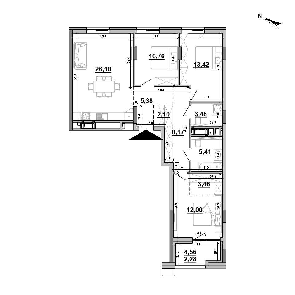 ЖК Brother: планування 3-кімнатної квартири, №220, 92.64 м<sup>2</sup>